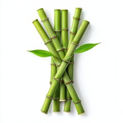 Obraz premium Vibrant Green Bamboo Sticks Arranged Elegantly with Fresh Leaves on a White Background