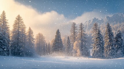 Fototapeta premium A peaceful winter landscape with snow-covered trees and a soft blue sky. Gentle snowflakes fall, adding a tranquil and magical feel to the scene. The composition is perfect for seasonal and 