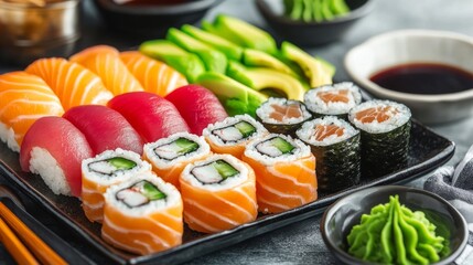 Photo of, A colorful array of freshly made sushi rolls featuring tuna, salmon