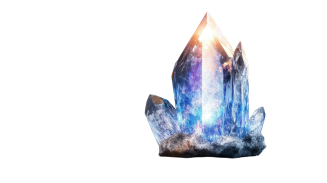 Beautiful blue crystal shining in bright light. transparent background