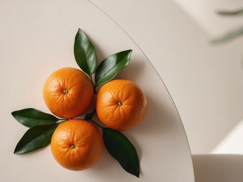Three Fresh Oranges With Green Leaves And Glossy Skin.