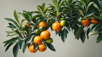 A bunch of oranges and limes on a tree with green leaves.