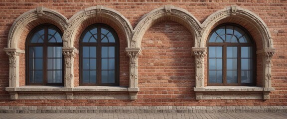 Arched windows on a brick wall with intricate stone carvings, old, facade