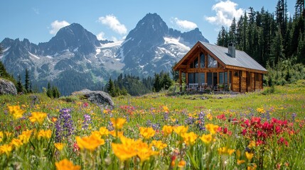 Fototapeta premium A remote alpine meadow filled with colorful wildflowers, with a small wooden cabin nestled against a backdrop of towering peaks. The peaceful and scenic setting invites tranquility and reflection 