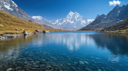 Fototapeta premium A remote mountain lake surrounded by towering peaks, with crystal-clear water reflecting the deep blue sky. The pristine and untouched nature of the scene conveys solitude and peace 