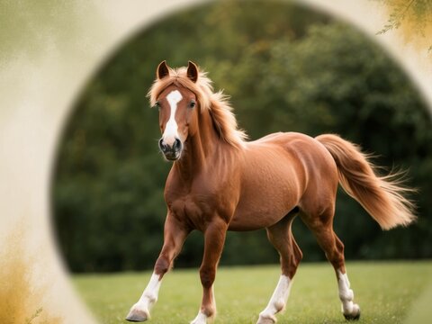 A charming miniature horse trotting in a pasture.