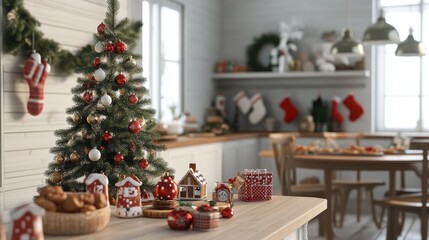 Obraz premium Warm Festive Ambiance: Red and White Christmas Tree on Kitchen Table with Gingerbread House Display, Light-Filled Room with Decorative Stockings