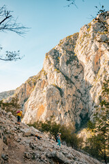 view from the mountain, climbers walking