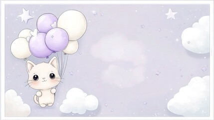 A whimsical pastel background in soft lavender, featuring a cartoon kitten with a balloon bouquet of purple and white balloons. 