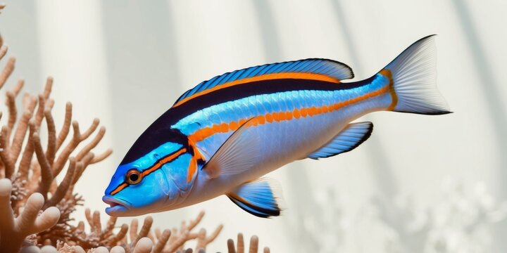 Strikingly beautiful tropical fish with vibrant blue and orange stripes in a coral reef.