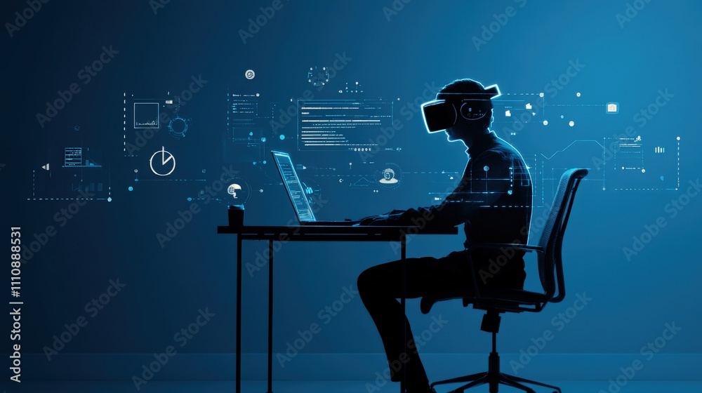Poster A Silhouetted Person Engaged in Virtual Reality with Computer Screen Displaying Futuristic Data and Graphics in a Dark Environment