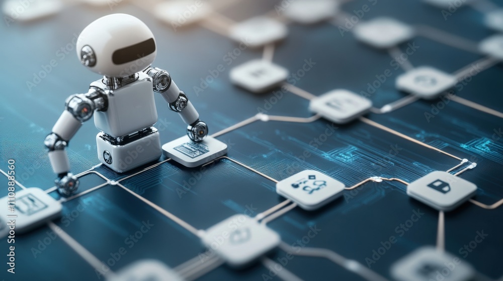 Poster A futuristic robot interacting with a network of digital nodes and connections, symbolizing automation, technology, and innovation in the digital age,  showcasing advanced robotics in action.
