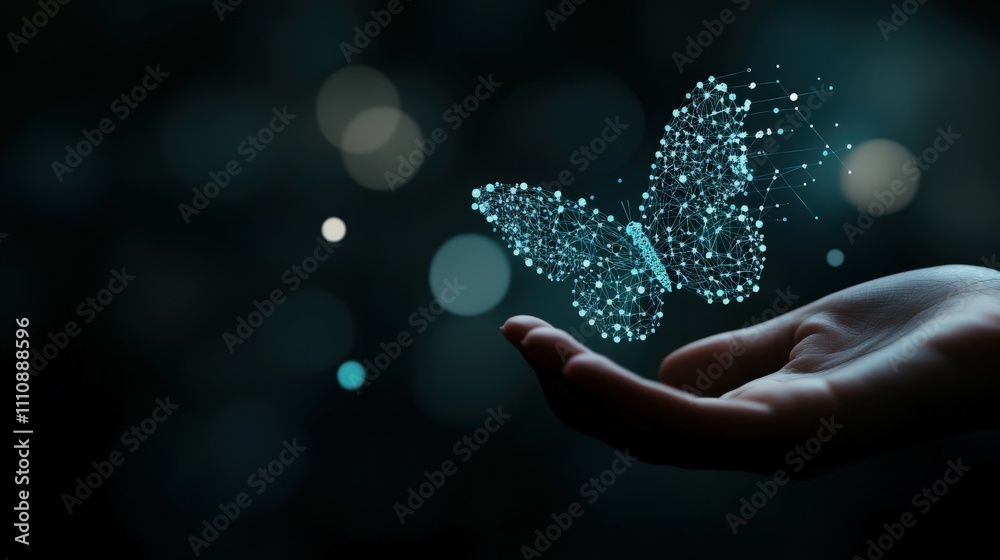 Poster Ethereal Butterfly Emerging from Hand in Glowing Digital Form with Sparkling Particles and Soft Bokeh Background Creating a Magical Atmosphere
