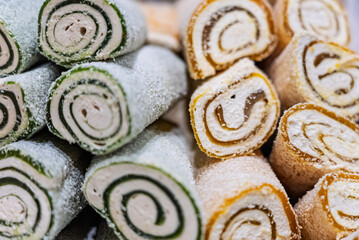 Turkish delight or lokum, halgoum is a family of confections with starch and sugar. Premium turkish delight. Famous turkish and greek sweet dessert. Turkish delight close up shot of colorful sweets.