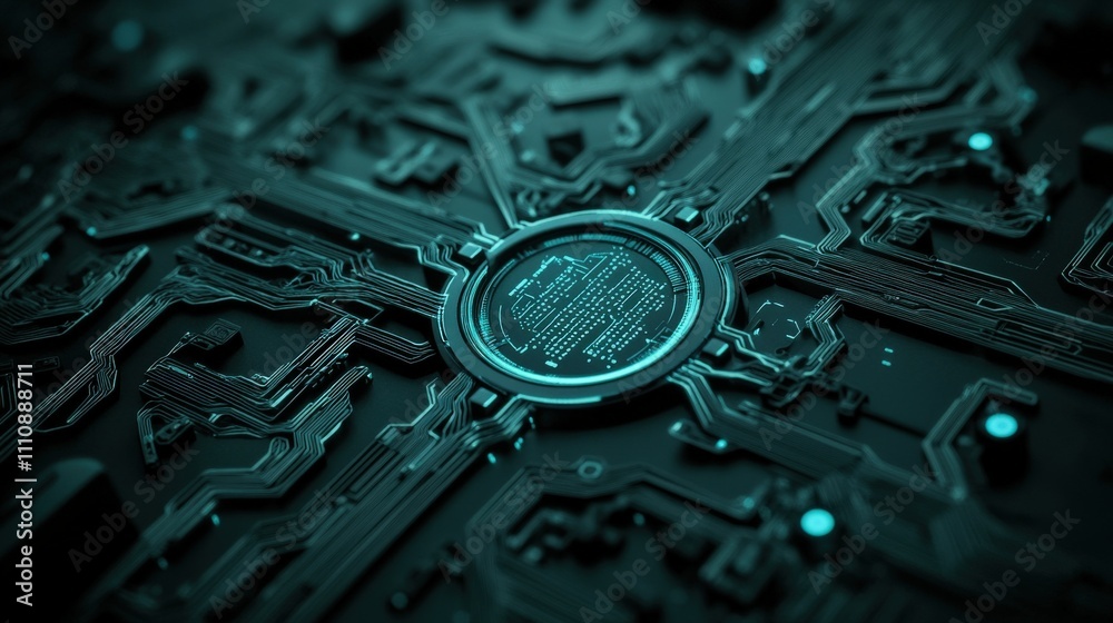 Poster Abstract Technology Background with Circuit Board Design Featuring Intricate Patterns and luminous Blue Highlights for Futuristic Concepts and Innovations