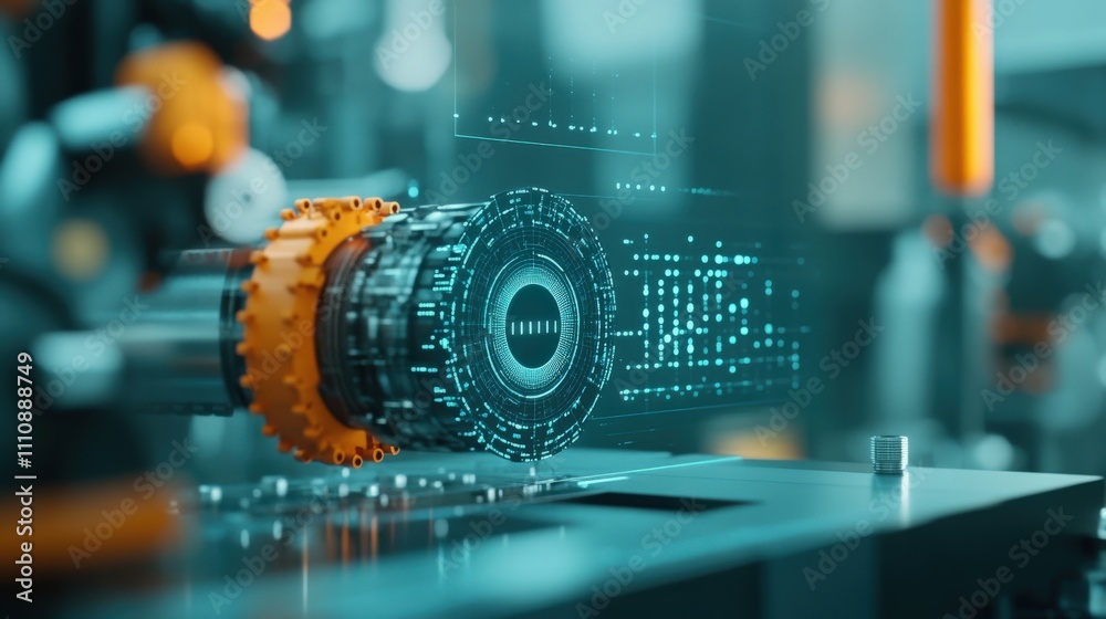 Aufkleber futuristic industrial machine close-up with digital interface and blueprints, showcasing advanced te