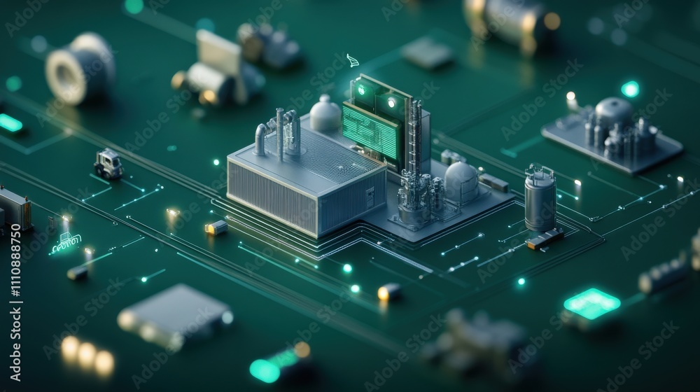 Poster futuristic smart factory concept with advanced technology, digital interface, and industrial equipme