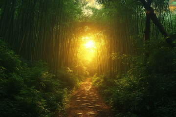 Obraz premium Sunlit Path Through Lush Green Bamboo Forest