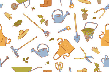 Seamless pattern design on the theme of garden, with gardening tools. Gardening season, agricultural season. Vector 