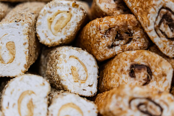 Turkish delight or lokum, halgoum is a family of confections with starch and sugar. Premium turkish delight. Famous turkish and greek sweet dessert. Turkish delight close up shot of colorful sweets.