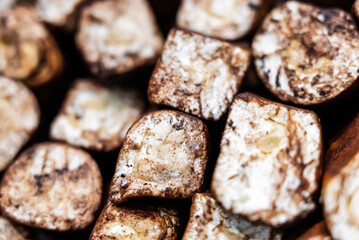 Turkish delight or lokum, halgoum is a family of confections with starch and sugar. Premium turkish delight. Famous turkish and greek sweet dessert. Turkish delight close up shot of colorful sweets.