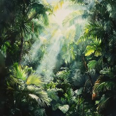 Naklejka premium Capture an aerial view of a lush Rainforest, highlighting transpiring leaves + evaporating water + humid atmosphere in watercolor