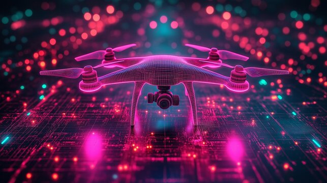 Futuristic Neon Drone with Wireframe Design Hovering Over a Virtual Grid, Highlighted by Pink and Blue Bokeh Lights