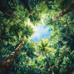 Naklejka premium Capture an intricate Tree Canopy in lush Rainforest, showcase vibrant hues & diverse flora in realistic watercolor textures