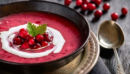 Close-up of Norwegian berry soup (bærsyltetøy) made with lingonberries and served with cream