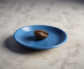 A single coffee bean is placed on top of a small, blue ceramic plate , decoration, ceramics, small