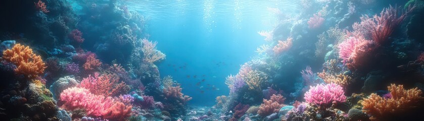 Obraz premium Craft a breathtaking 3D Visualization of a teeming Coral Reef, vividly showcasing underwater life interactions with bubbling oxygen pockets