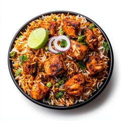 Fototapeta premium Deliciously Spiced Chicken Biryani with Rice and Fresh Vegetables
