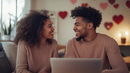 A young couple connecting through a video call in their home. smiling at laptop, with Valentine's Day decorations in the background, love and connection. A man and a woman searching on the internet