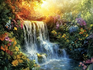 Obraz premium Craft a digital collage representing Elemental Vitality with flowing Waterfalls, verdant Foliage, and radiant Sunlight, emphasizing Transpiration, Moisture, and Energy