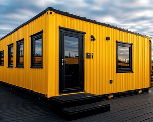 A bright yellow container house with modern design features, set against a cloudy sky, showcasing an innovative and functional living space.