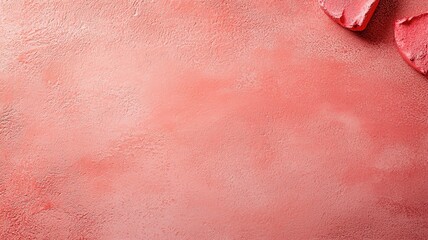 Fototapeta premium Textured pink surface with scattered raspberry pieces.
