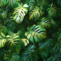Craft a stunning image of a vibrant, lush jungle canopy showcasing abundant stomata on large, verdant leaves