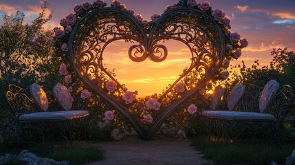 Obraz premium Ornate metal heart archway decorated with roses frames a vibrant sunset for an outdoor wedding ceremony setting.