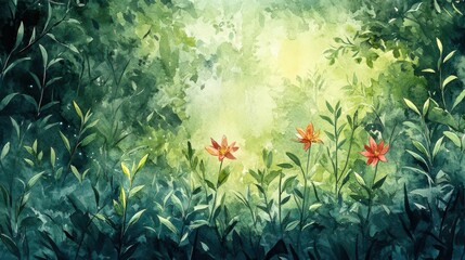 Craft a stunning watercolor artwork capturing the essence of natural transpiration Highlight the delicate nature of stomata in a lush, green environment