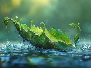Fototapeta premium Craft a surreal and captivating depiction of a leaf transforming through the stages of the water cycle, blending realism with fantasy elements