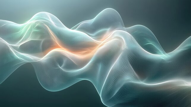 An abstract digital design with flowing waves of light in vibrant green, cyan, and white. The soft, glowing lines create depth and movement, making it perfect for energetic and modern visuals 