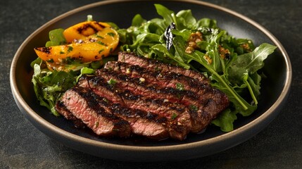 A delicious plate featuring grilled steak, greens, and a peach slice.