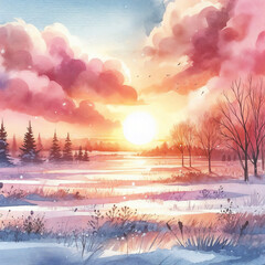 Obraz premium Winter sunset over a snowy landscape with trees and a distant cottage