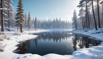 A snow-covered forest with a frozen lake in the background, frozen lake, cold climate
