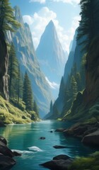 painting of a mountain river with a mountain in the background