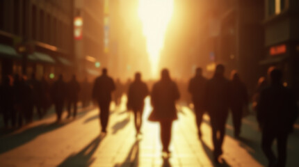 Silhouettes of passersby against golden evening light in an urban setting