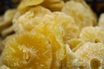 Dried colorful tropical fruits. Sweet fruits in dried form. Close up shot of dried sweet tropical fruits.