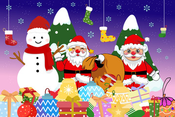 A cheerful Christmas design featuring Santa Claus, a snowman, decorated trees, colorful gifts, ornaments, stockings, snowflakes, and a starry winter night background