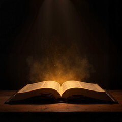 Glowing open book under spotlight, symbol of knowledge and mystery