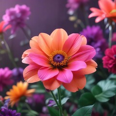 Obraz premium A stunning neon-colored flower placed against a subtle multicolor floral background with soft focus, soft focus, delicate blooms